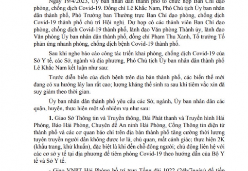 Thông báo Kết luận của Phó Chủ tịch Ủy ban nhân dân thành phố Lê Khắc Nam tại cuộc họp Ban Chỉ đạo phòng, chống dịch COVID-19 thành phố